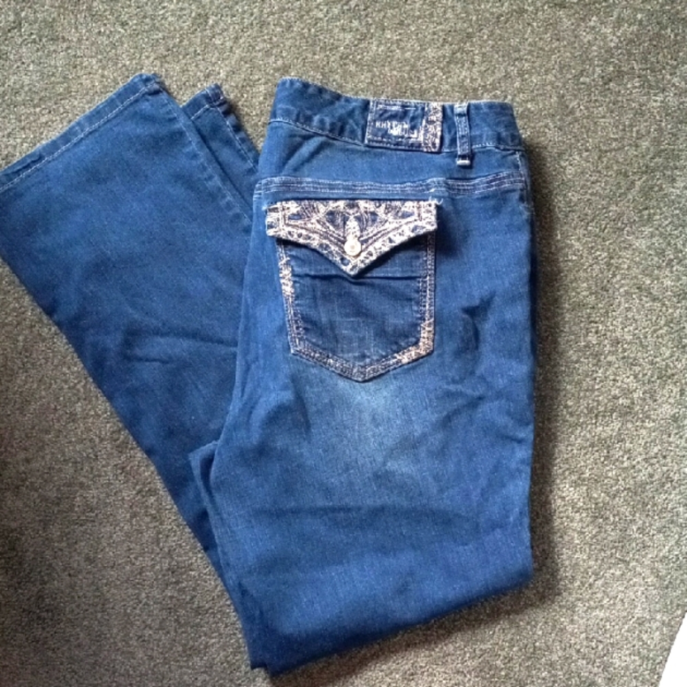 Hand Gemmed Blue Jeans with Embroidered Pocket